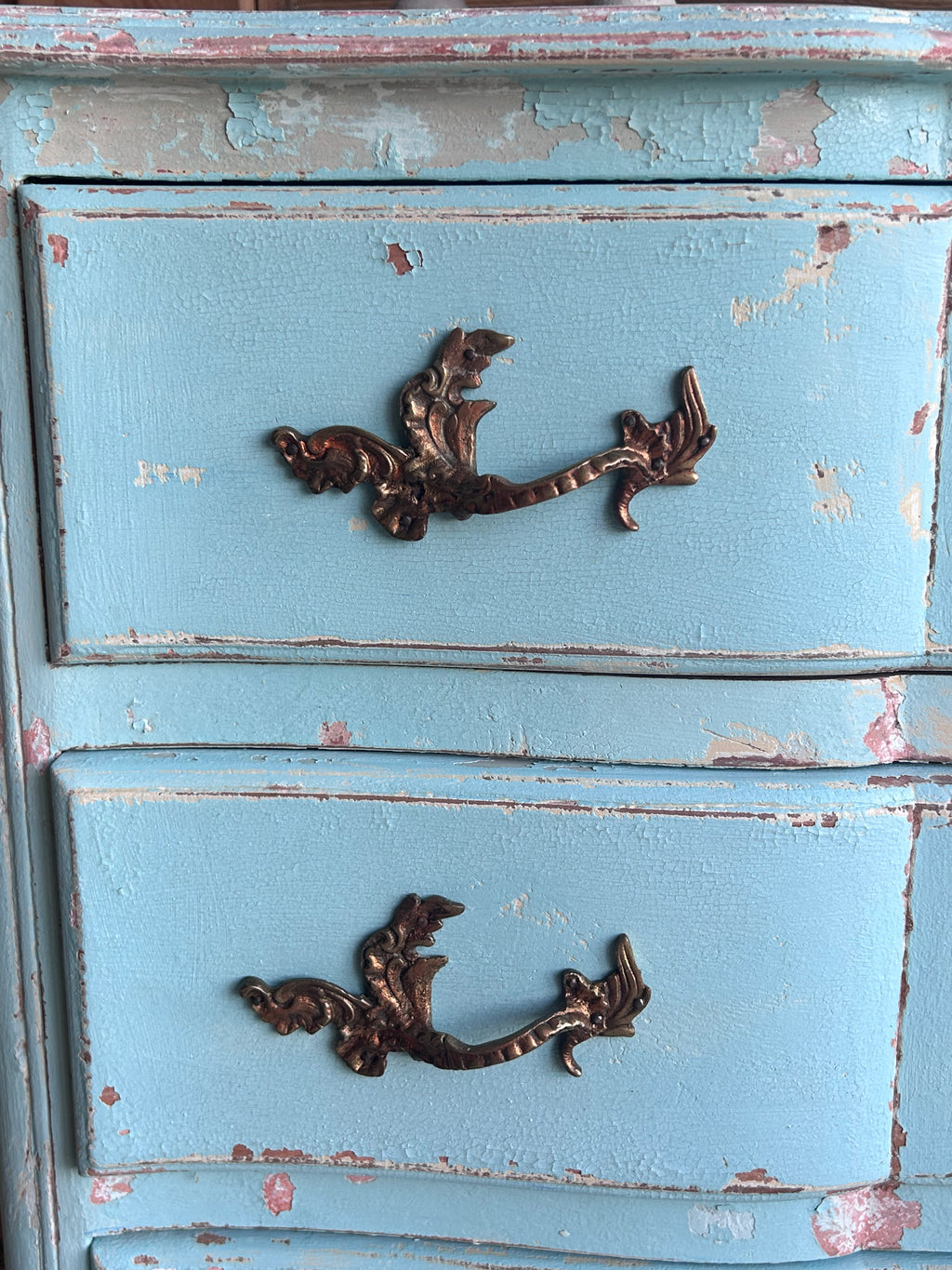 French provincial chest of drawers in blue patina