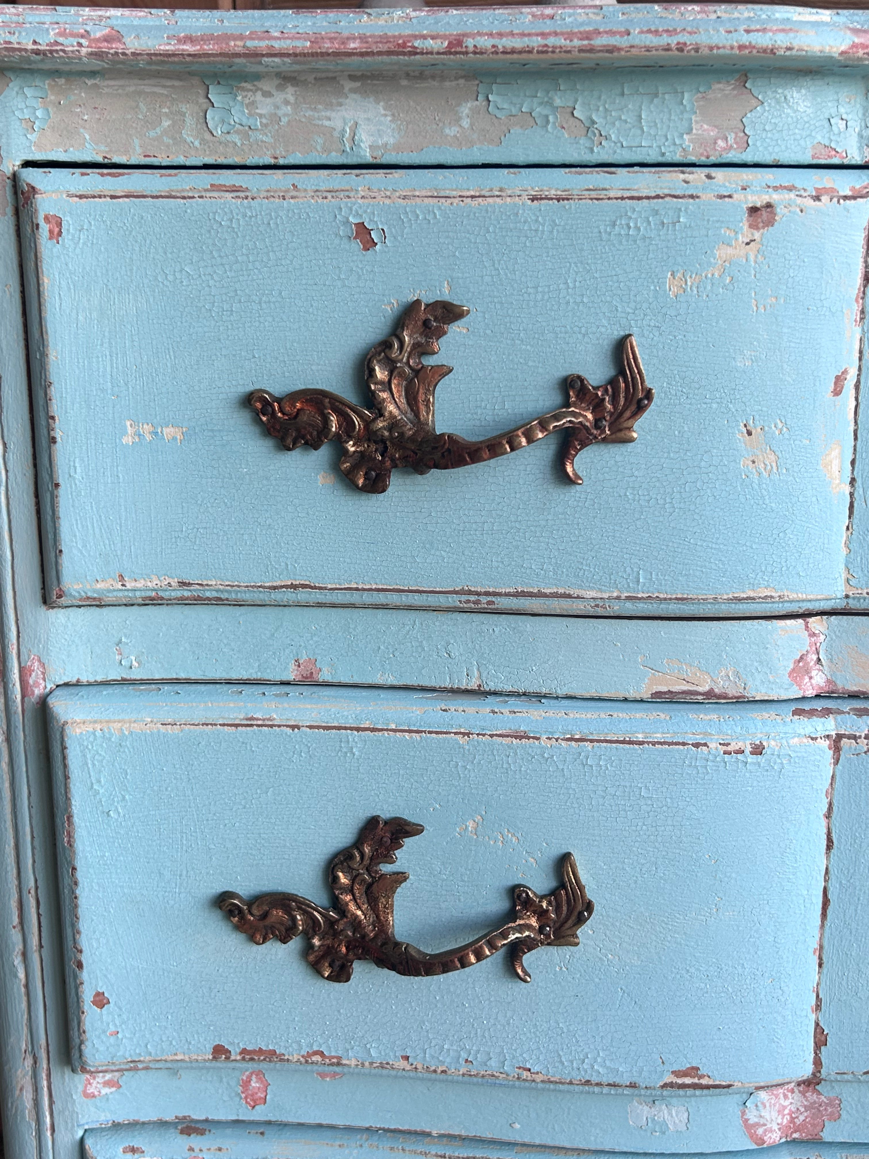French provincial chest of drawers in blue patina