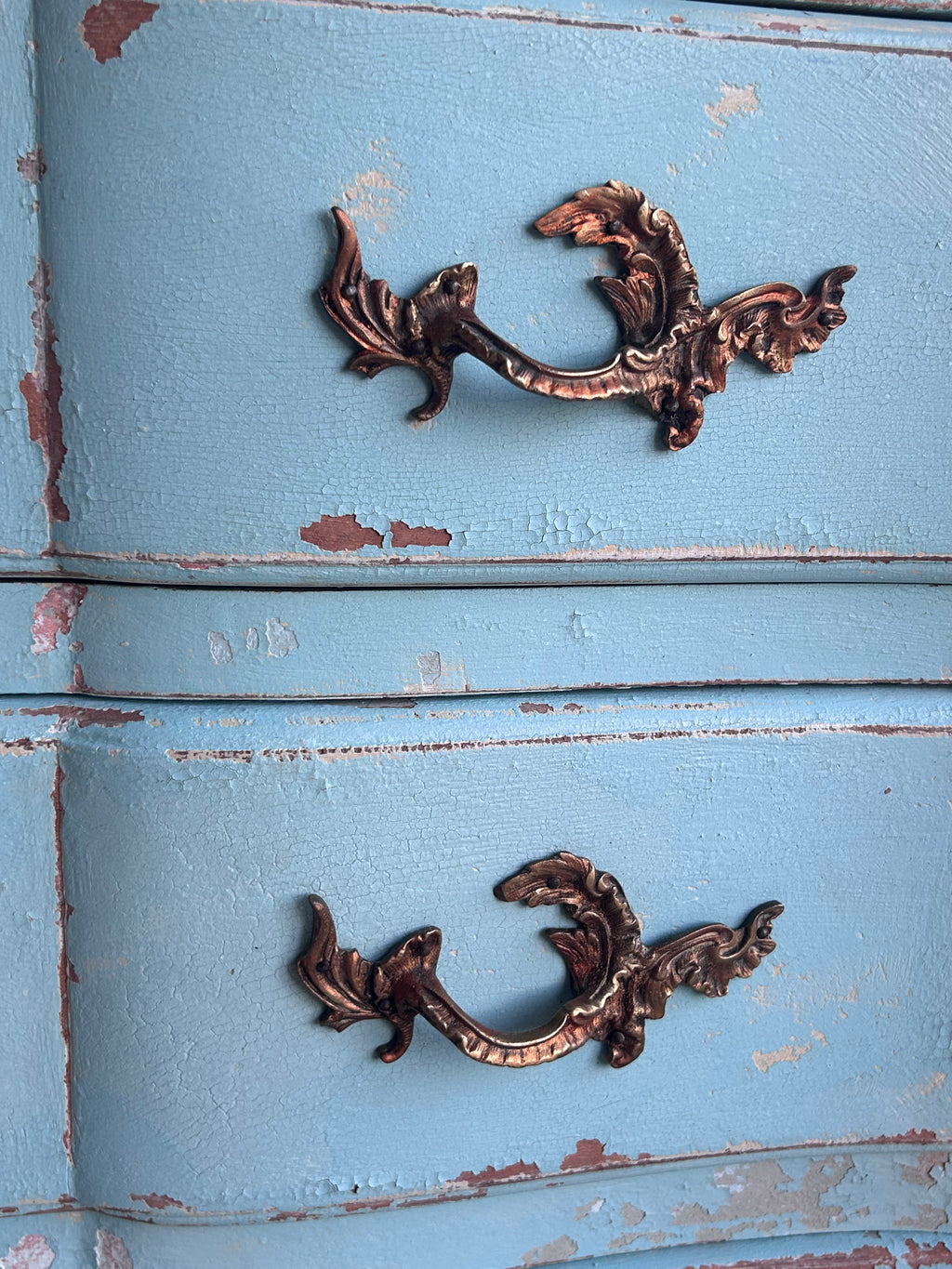 French provincial chest of drawers in blue patina