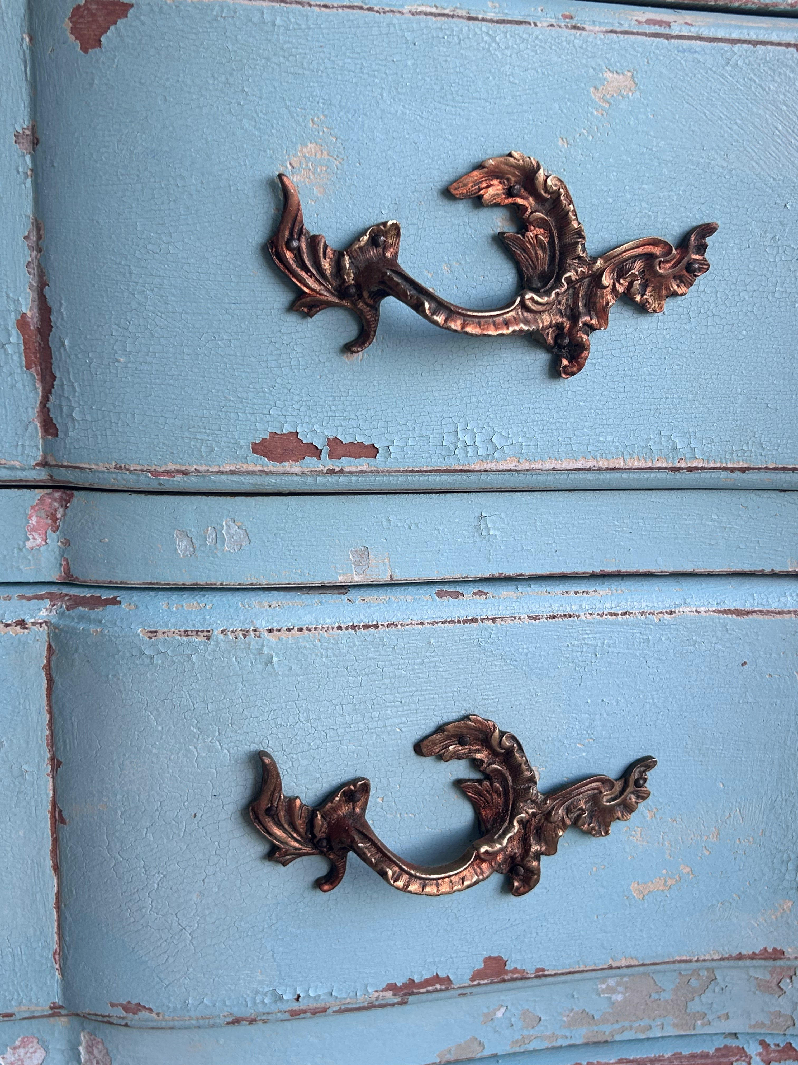 French provincial chest of drawers in blue patina