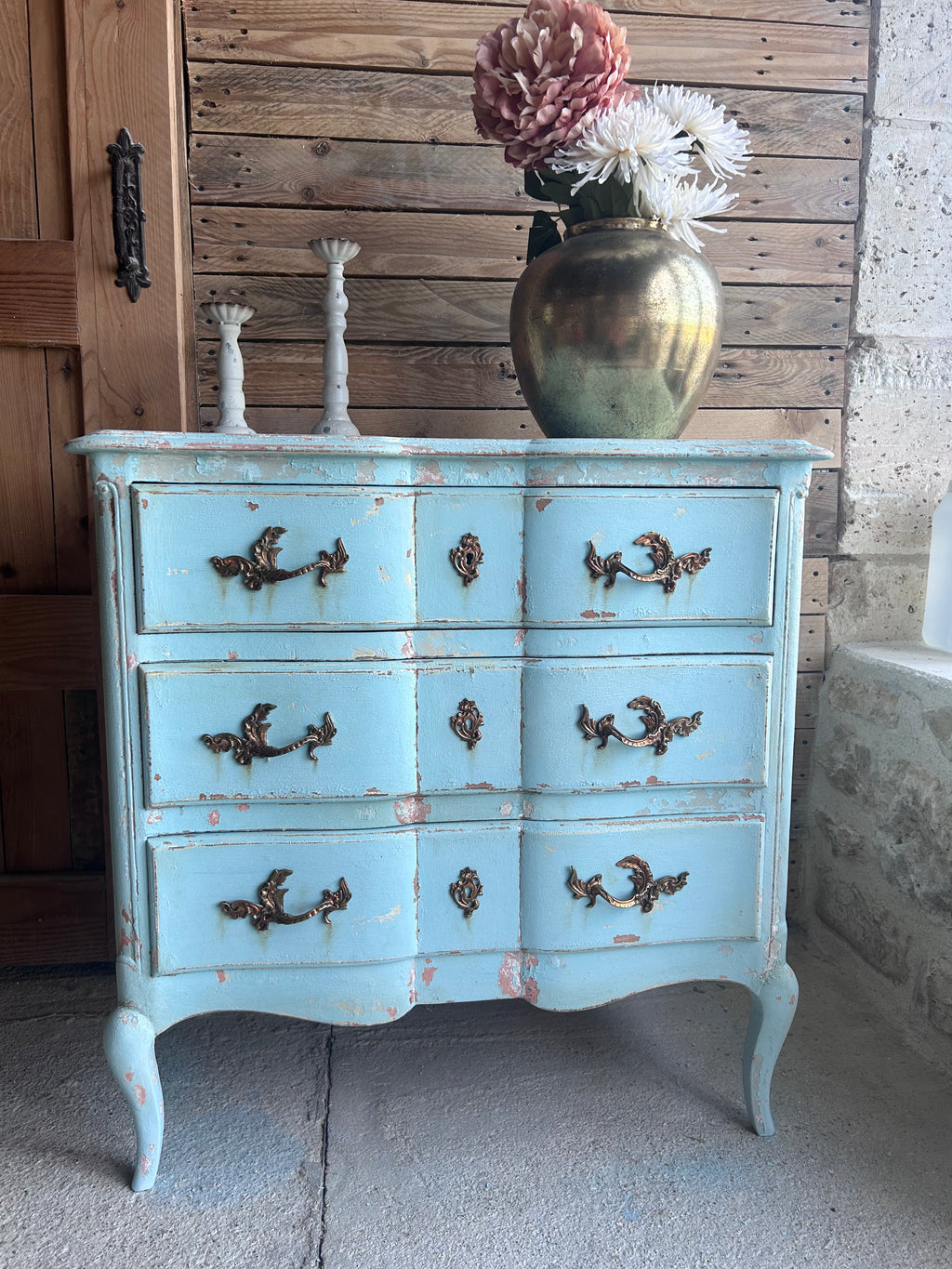 French provincial chest of drawers in blue patina
