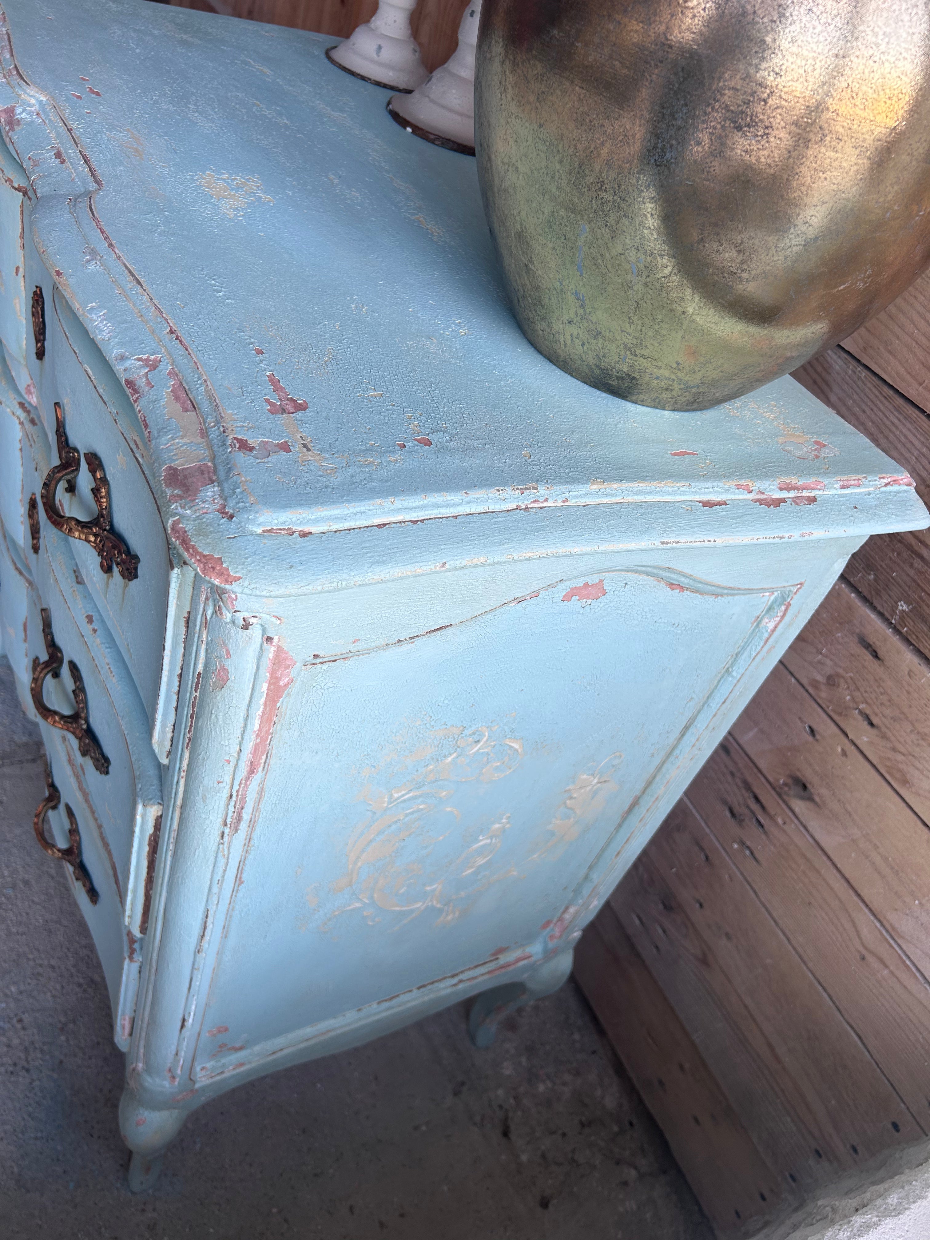 French provincial chest of drawers in blue patina
