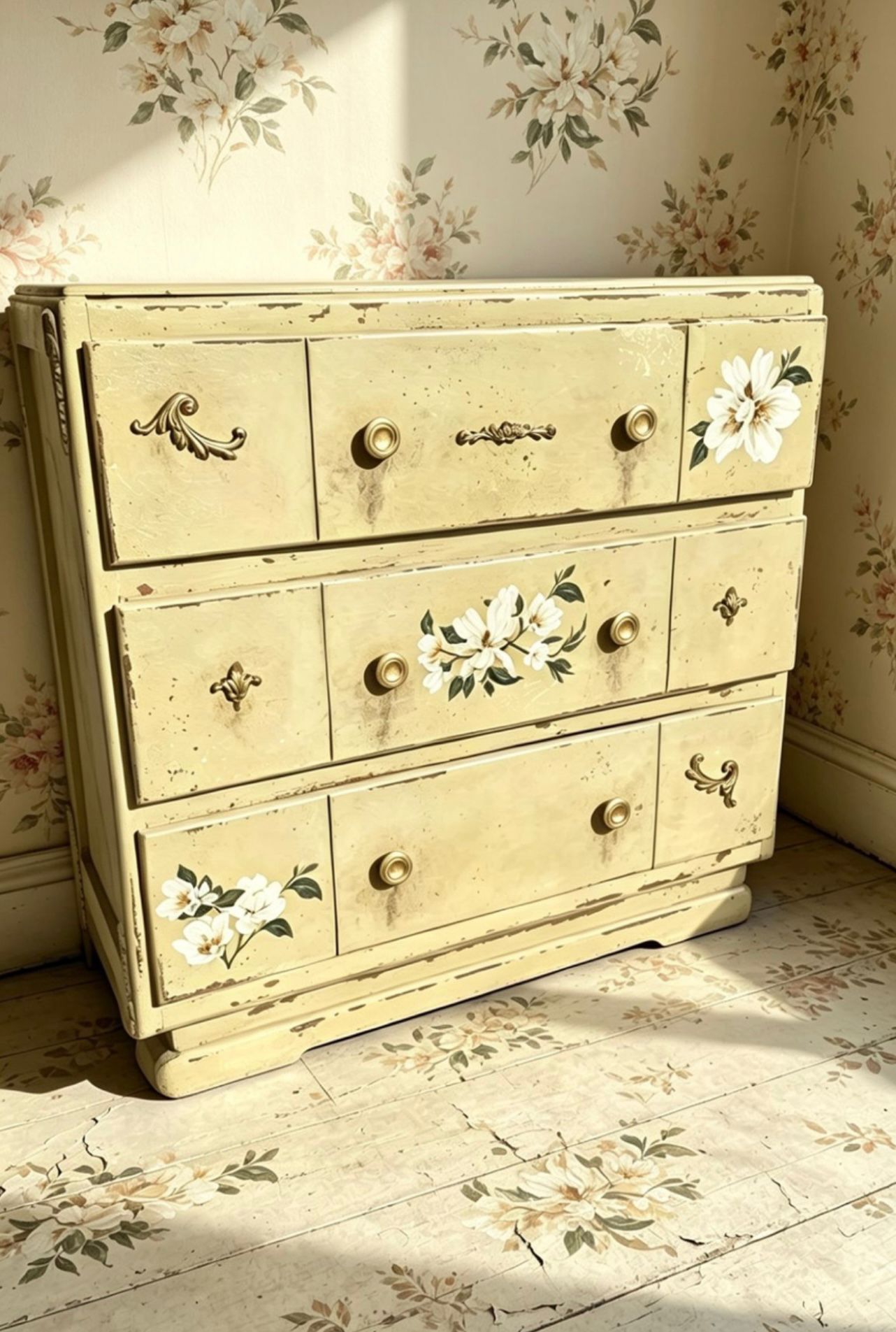 Shabby chic chest of drawers in distressed cream with floral transfers and gold appliques